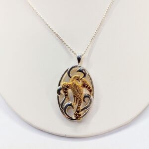 Sterling Two Tone Bird Red Stones Necklace